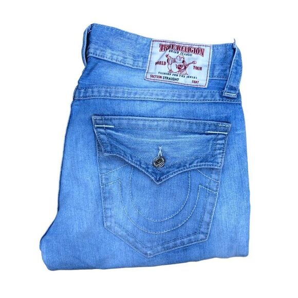 TRUE Religion Jeans Size 34 STRAIGHT White Stitch Blue - Picture 1 of 10
